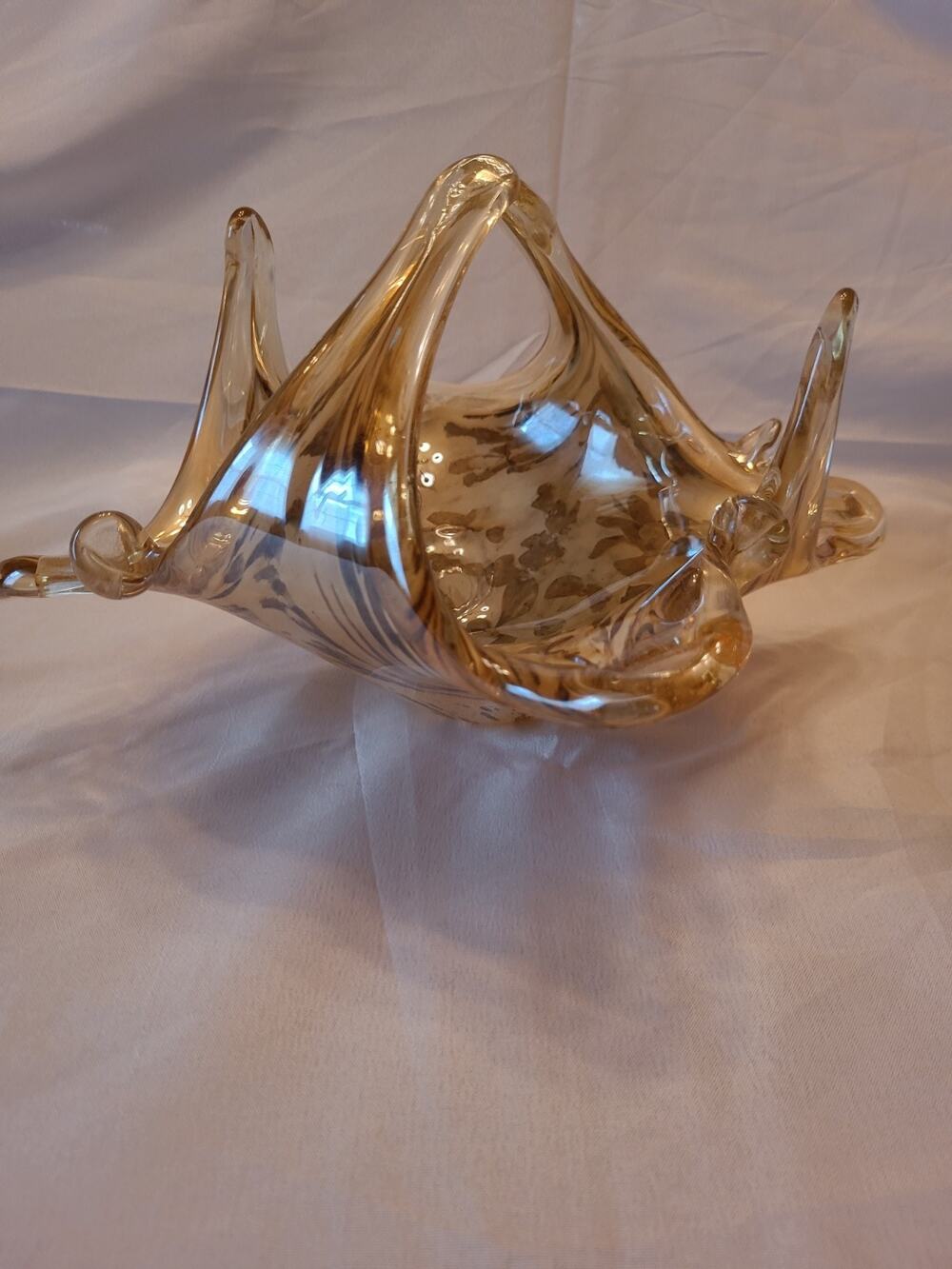 Vintage Murano Style Art Glass Basket Bowl Tortoiseshell Amber Brown Pulled Rim